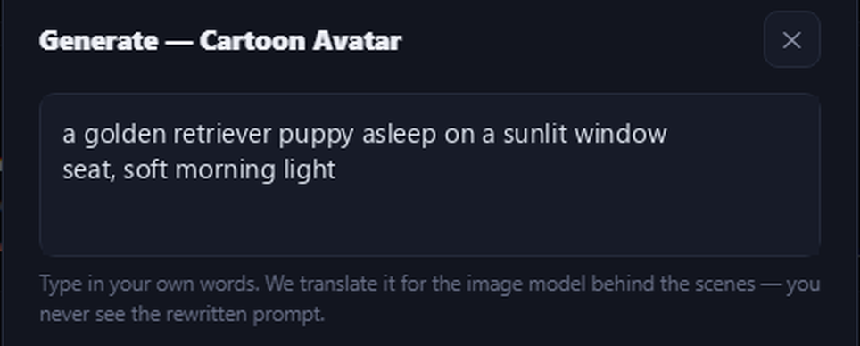 Image Desk prompt box containing: a golden retriever puppy asleep on a sunlit window seat, soft morning light