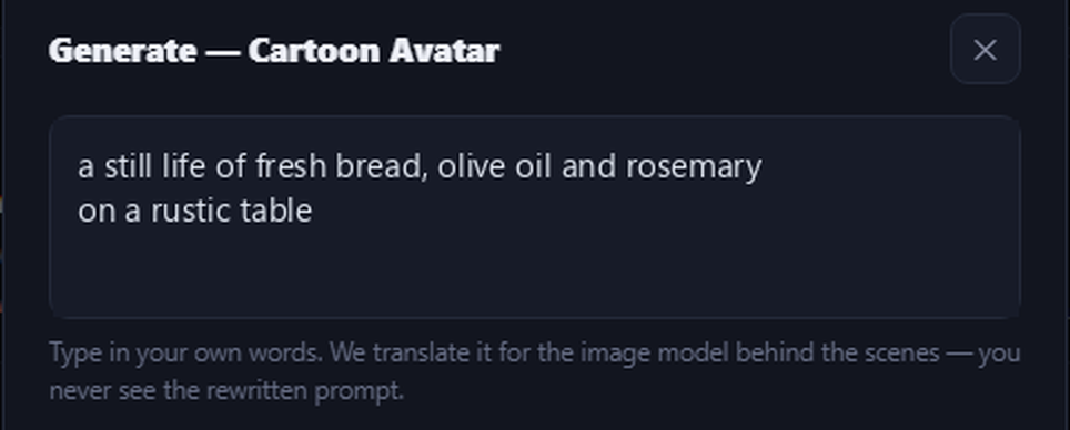 Image Desk prompt box containing: a still life of fresh bread, olive oil and rosemary on a rustic table