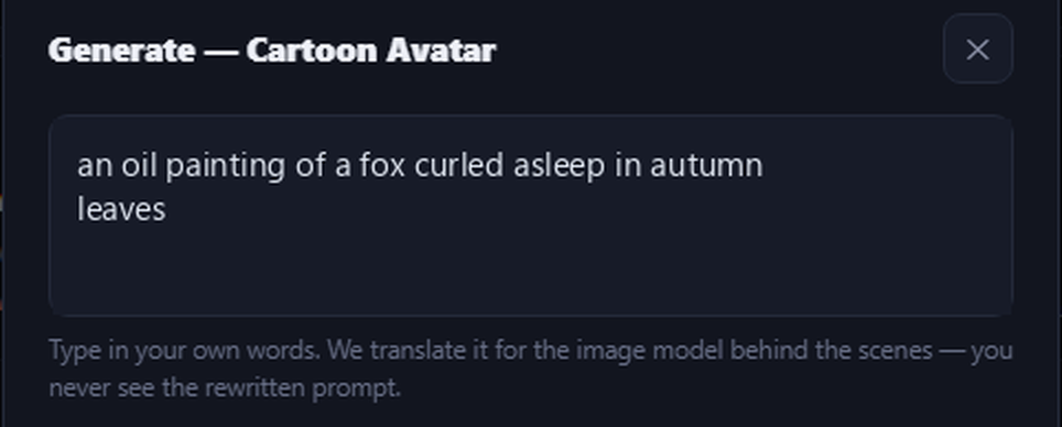 Image Desk prompt box containing: an oil painting of a fox curled asleep in autumn leaves