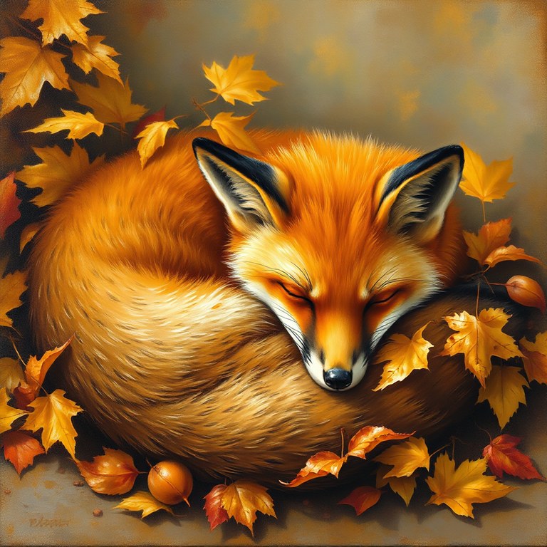 Image generated by Image Desk from that prompt: an oil painting of a fox curled asleep in autumn leaves
