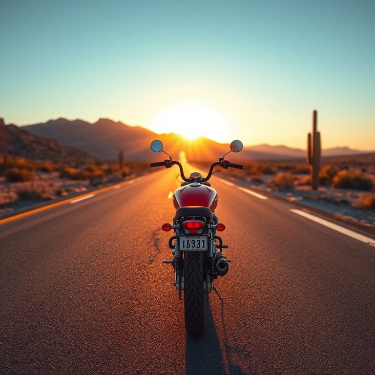Image generated by Image Desk from that prompt: a red vintage motorcycle on an empty desert highway at golden hour
