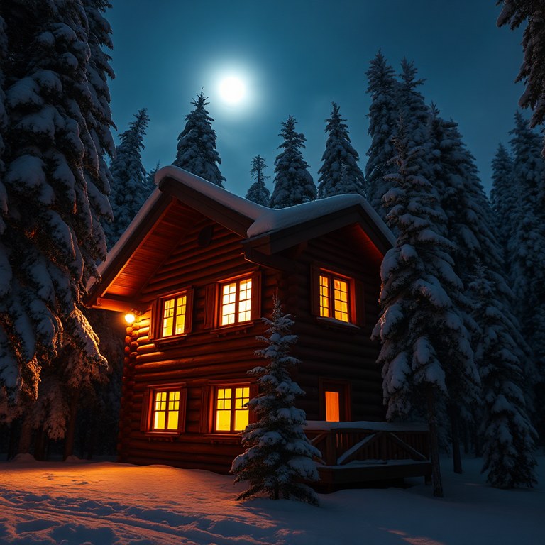 Image generated by Image Desk from that prompt: a cosy log cabin in a snowy forest at night, warm windows glowing